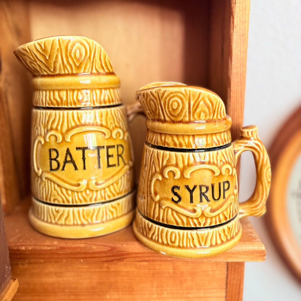 Vintage Faux Wood Grain Ceramic Batter and Syrup Pitcher Set Honey Yellow Glaze